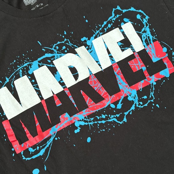 Marvel black t-shirt with paint splash Marvel logo. Worn once like new. - Picture 2 of 3